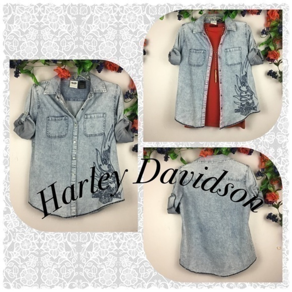 Like New Harley Davidson Motorcycle Denim-Look Blouse Top Shirt Size Small
